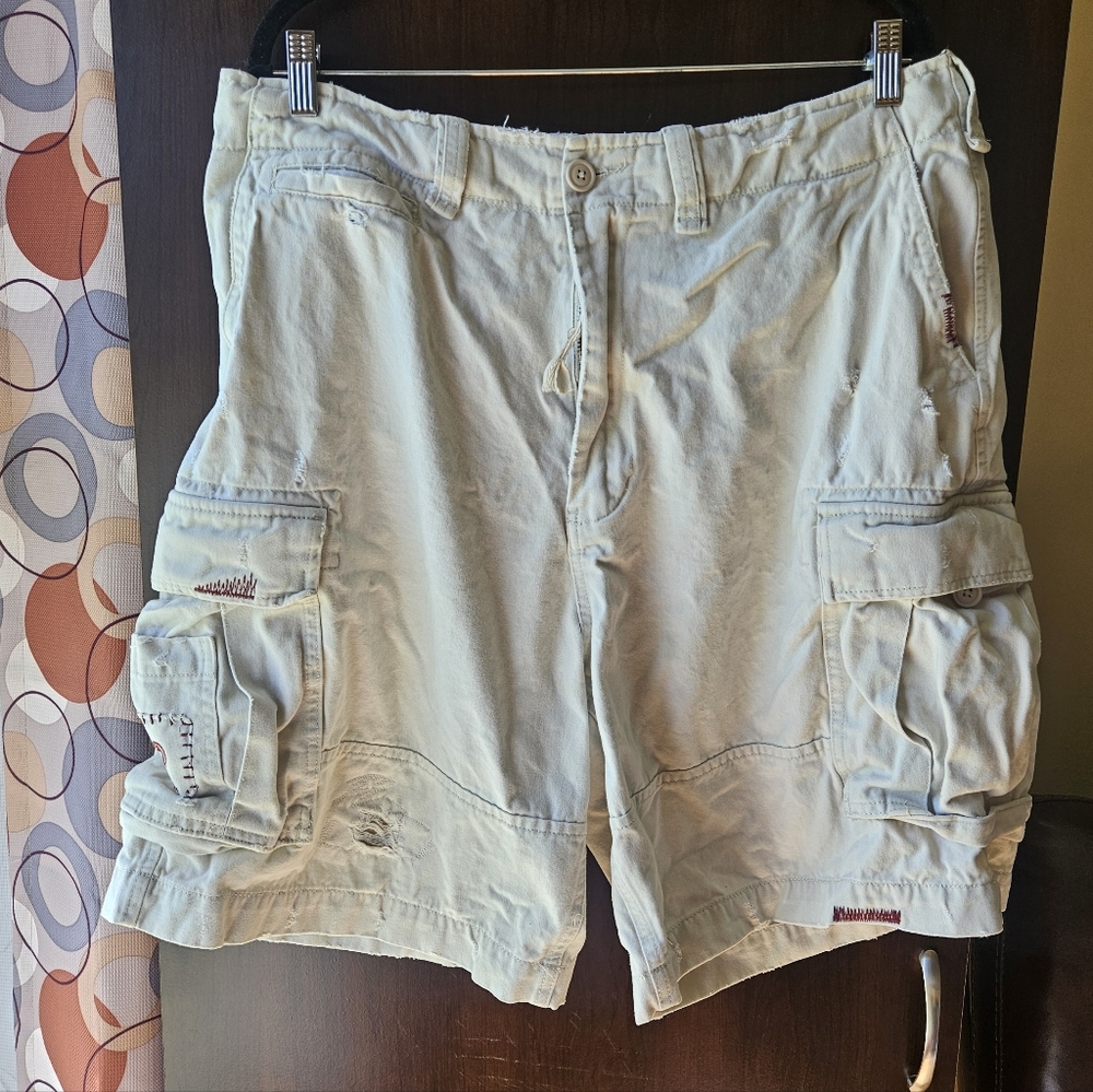 Men's Distressed Casual Cargo Shorts - Light Tan Size 36